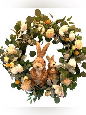 Rabbit Hill Farm Large 24” Wreath Double Bunny Rabbits Floral & Greenery NWT